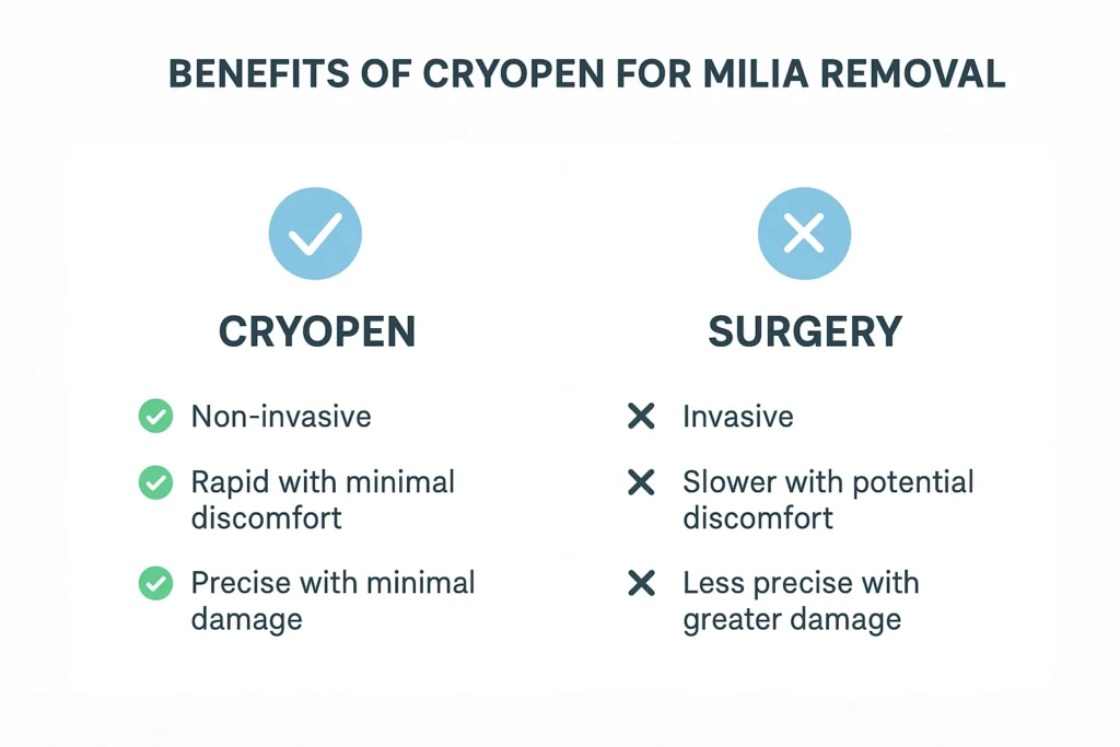 Benefits of cryopen for milia removal Chiswick compared to surgical treatments.