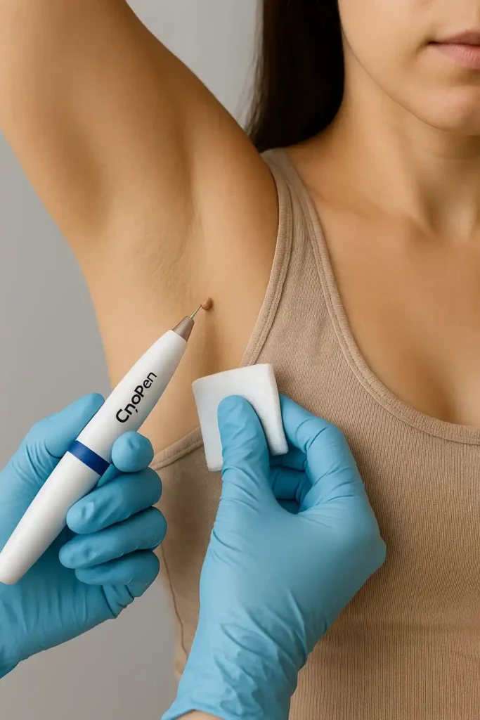 woman having cryopen to remove underarm skin tags Chiswick