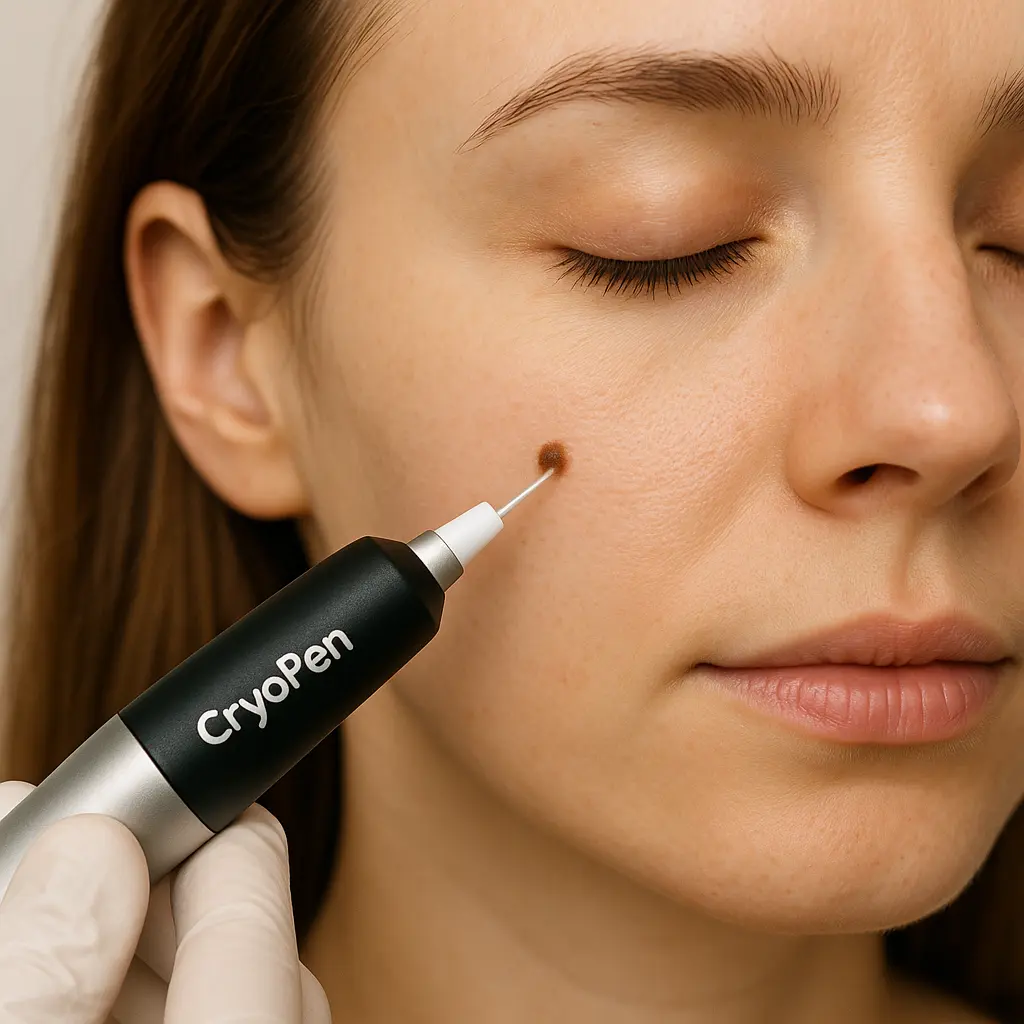 woman receiving facial mole removal Chiswick using cryopen 