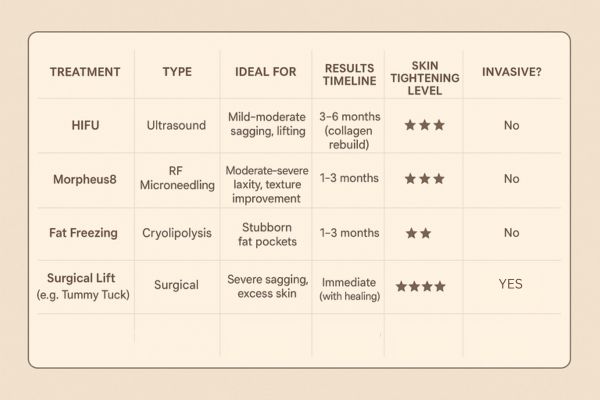 Table showing the comparisons of Skin tightening Chiswick treatment options.